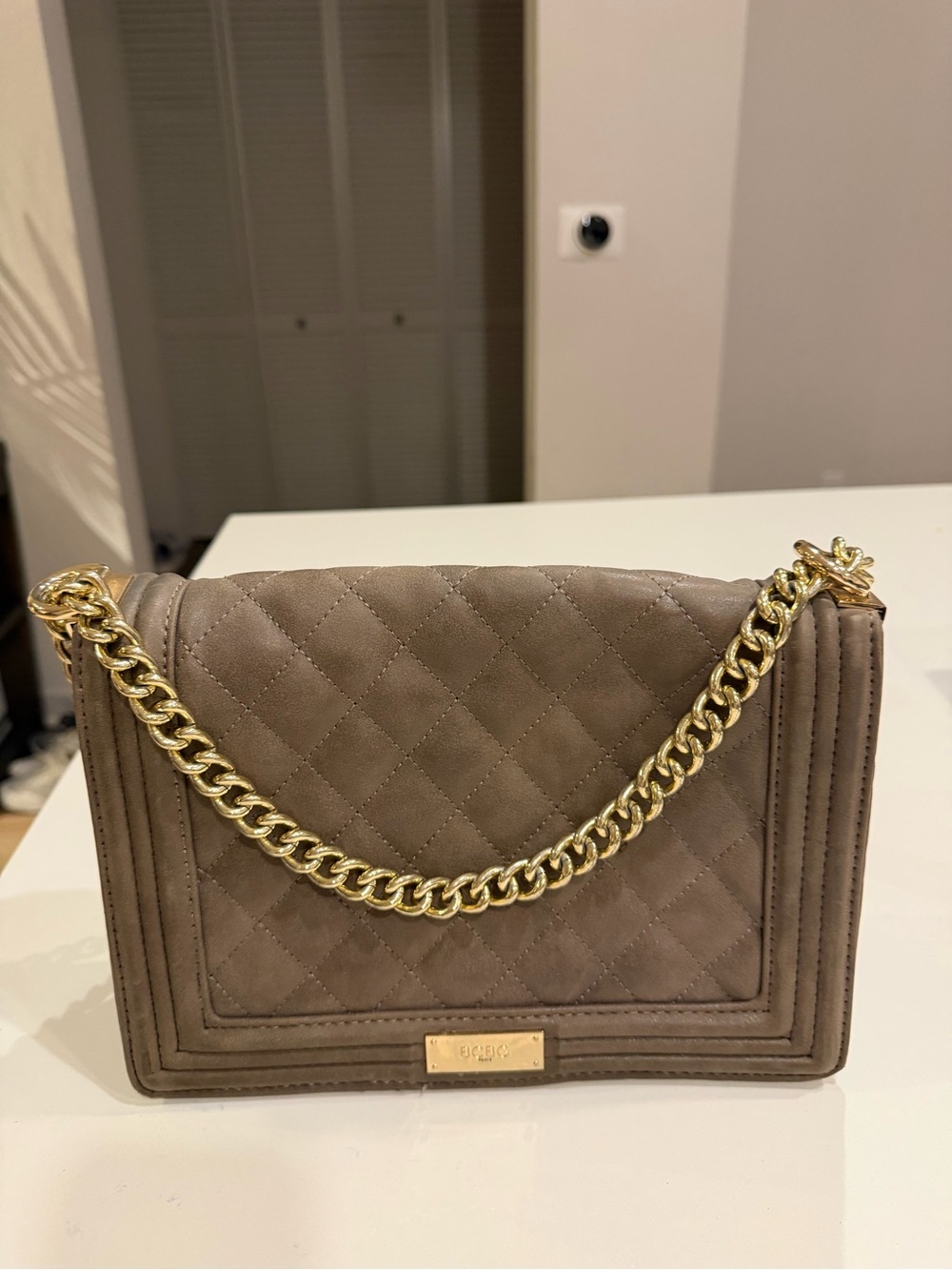 BCBG Quilted Taupe Shoulder Bag with Gold Chain